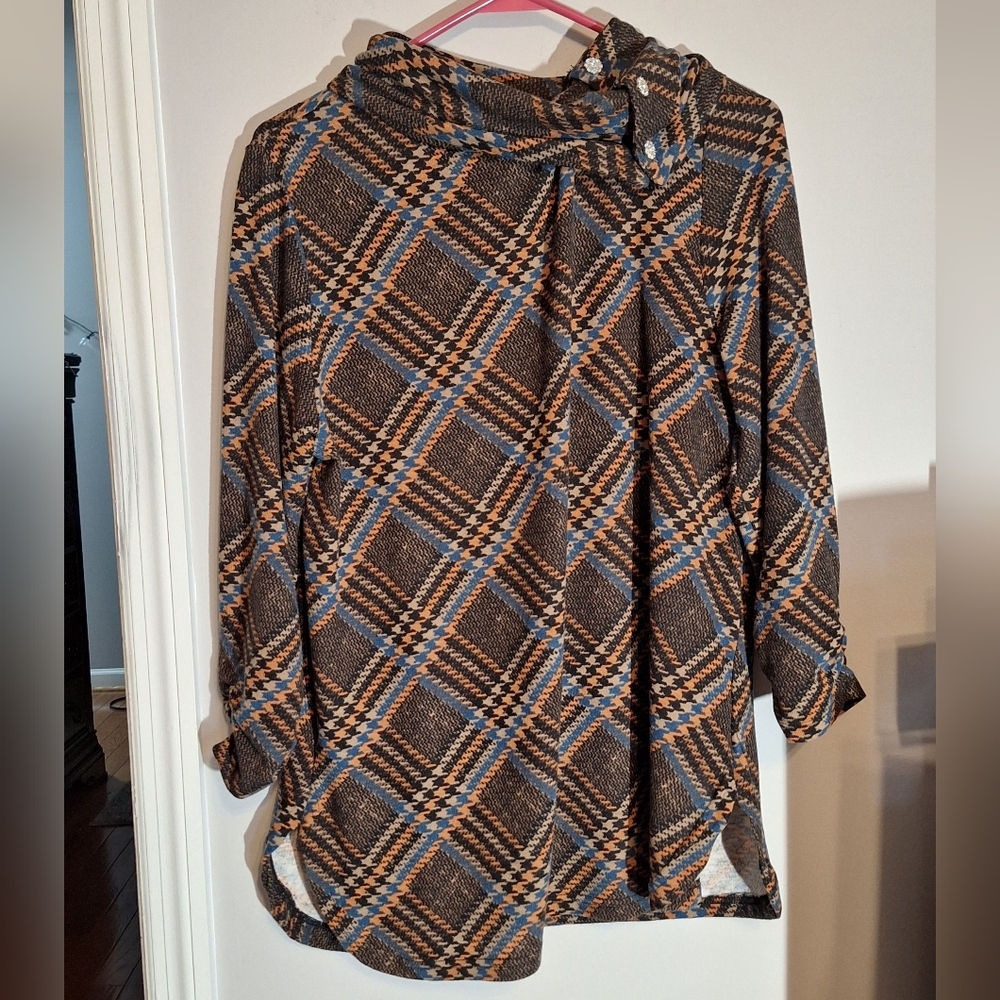 Robert Louis Plaid Jewel Cowl Neck Top -3/4 Length Sleeve Brown & Blue 3/$15